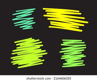Hatchings. Abstract neon elements on isolated black background. Chaotic lines. Hatching art. Glowing shapes