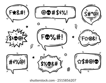 Odio la charla de enojo, burbujas de discurso de juramento cómico. Maldición agresiva y ofensiva. Conjunto de nubes con Vectores de tipografía expresiva. Los cuadros de diálogo negros transmiten emociones intensas, agresividad y blasfemia
