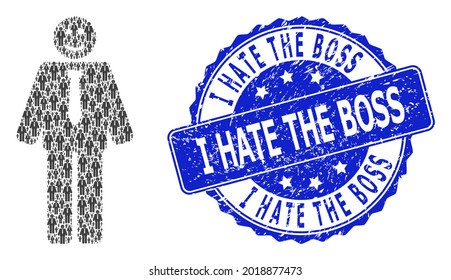 I Hate the Boss grunge round stamp seal and vector fractal mosaic happy boss. Blue seal has I Hate the Boss caption inside round shape. Vector mosaic is done with repeating happy boss icons.