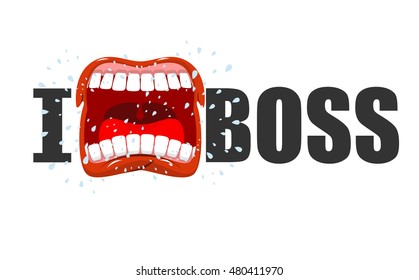I hate boss. shout symbol of hatred and antipathy. Open mouth. Flying saliva. Yells and Shrill scream. Logo hatred his chief
