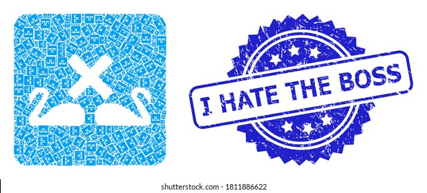 I Hate the Boss unclean seal and vector recursive collage divorce swans. Blue seal has I Hate the Boss caption inside rosette. Vector collage is organized of scattered rotated divorce swans icons.