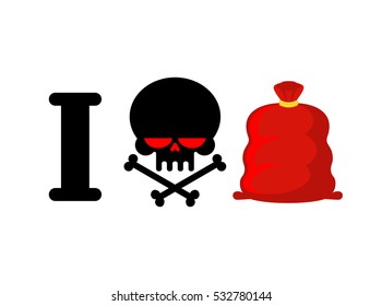 I hate Christmas gift. Skull and bones symbol of hatred and Santa bag with gifts. Big red sack for new year