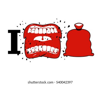 hate Christmas. Wicked shout symbol of hatred and Santa bag. Aggressive Open mouth. Yelling and cursing. I do not like new year