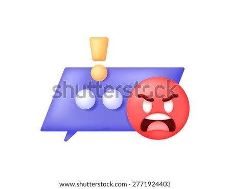 Hate comment concept. Dissatisfaction, anger, and displeasure. Illustration of a message symbol with an exclamation mark and an angry emoticon. Icon, element, 3D vector. White background.