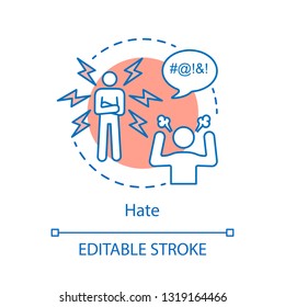 Hate concept icon. Aggression idea thin line illustration. Relationship conflict. Dislike. Annoyed behavior. Hatred person. Angry scream emotion. Vector isolated outline drawing. Editable stroke