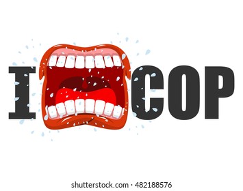 I hate cop. shout symbol of hatred and antipathy. Open mouth. Flying saliva. Yells and Shrill scream. hatred police man emblem
