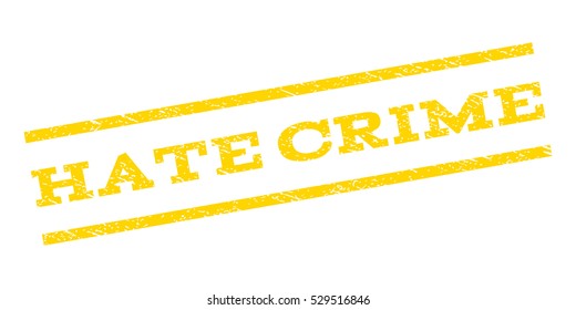 Hate Crime watermark stamp. Text caption between parallel lines with grunge design style. Rubber seal stamp with unclean texture. Vector yellow color ink imprint on a white background.