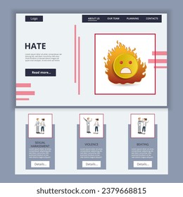 Hate flach Landing Page Website Vorlage. Sexuelle Belästigung, Gewalt, Prügel. Webbanner mit Header, Inhalt und Fußzeile. Vektorgrafik.