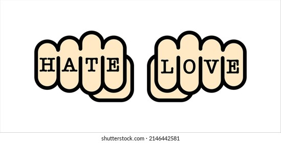 Hate And Love Fist Tattoo Vector Illustration