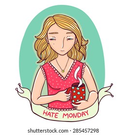 Hate monday girl illustration.