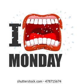 I hate Monday. shout symbol of hatred and antipathy. Open mouth. Flying saliva. Yells and strong scream. Logo hatred weekday


