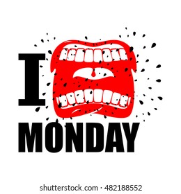 I hate Monday. shout symbol of hatred and antipathy. Open mouth. Flying saliva. Yells and strong scream. Logo dislike weekday



