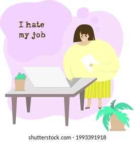 I hate my job. Stock vector illustration. Women working in office with notebook.
