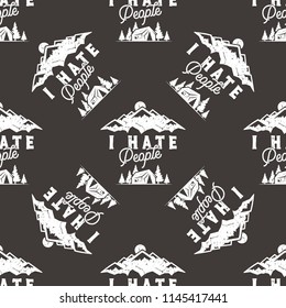 I Hate People seamless pattern design., Mountain Camping. Funny wallpaper, perfect for any adventurer, wanderlust lovers or hikers. Vintage distressed style. Cute present for birthday. Stock vector