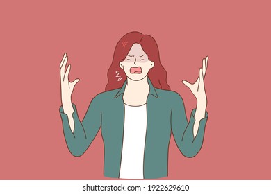 Hate, rage, emotional scream concept. Crying emotional angry young woman cartoon character standing screaming showing gestures with fingers feeling furious aggressive displeased vector illustration 