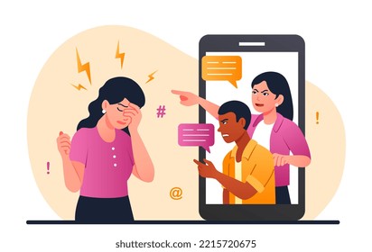 Hate in social networks. Cyberbullying and insults on internet. Young girl covers her face with her hands from criticism. Depression and frustration, parenthood. Cartoon flat vector illustration