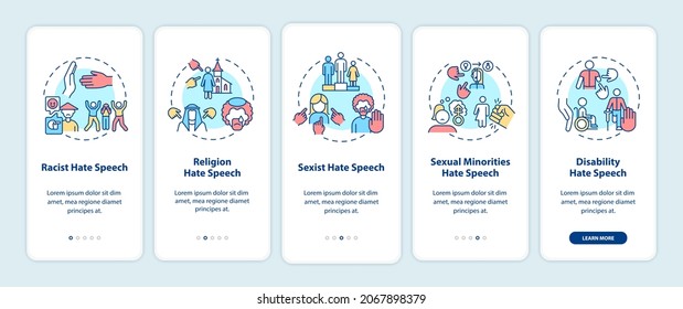 Hate speech against groups onboarding mobile app page screen. Offensive language walkthrough 5 steps graphic instructions with concepts. UI, UX, GUI vector template with linear color illustrations