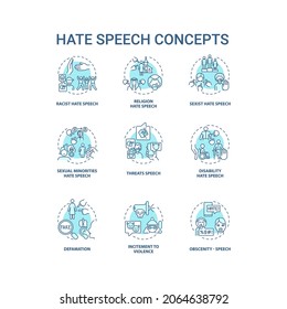 Hate speech blue concept icons set. Aggression gegenüber Person und Gruppe Idee dünne Linien Illustrationen. Religiöse Voreingenommenheit. Sexistierende Kommentare. Vektor-einzelne Rahmenzeichnungen. Bearbeitbarer Hub