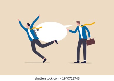 Hate Speech, Bullying, Words Or Message That Hurt People, Aggressive Management Style, Racism In Workplace Concept, Bossy Aggressive Businessman Shout With Speech Bubble To Hurt Coworker Or Colleague.