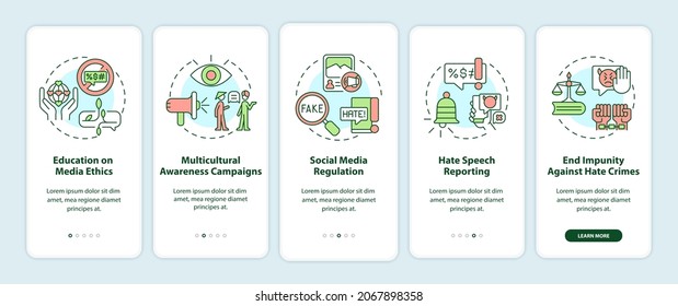 Hate speech countering onboarding mobile app page screen. Awareness campaigns walkthrough 5 steps graphic instructions with concepts. UI, UX, GUI vector template with linear color illustrations
