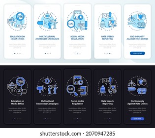 Hate Speech Prevention Onboarding Mobile App Page Screen. Media Ethics Walkthrough 5 Steps Graphic Instructions With Concepts. UI, UX, GUI Vector Template With Linear Night And Day Mode Illustrations