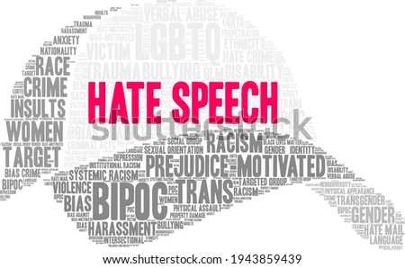 Hate Speech word cloud on a white background. 