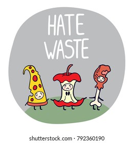 Hate Waste ecological illustration with funny characters.