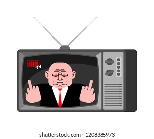 Hated news old tv. Hater Live broadcasting. Bad broadcasting journalist. greatly dislikes Anchorman in tv studio. 