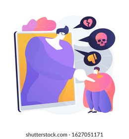 Hater cartoon character writing bad comments on social media. Cyberbullying, cyberhate, cyberharrasment. Internet trolling, hate speech. Vector isolated concept metaphor illustration