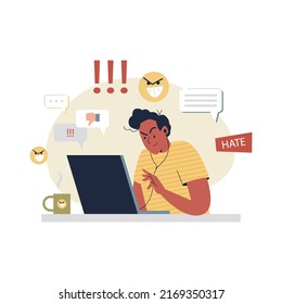 Hater posting angry messages on social networks, flat cartoon vector illustration isolated on white background. Internet trolling, shaming and social media behavior.