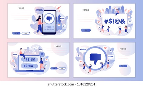 Haters online. Cyberbullying, bullying internet, trolling and hate speech. Screen template for mobile smart phone, landing page, template, ui, web, mobile app, poster, banner, flyer. Vector 