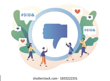 Haters online. Cyberbullying. Tiny people press big dislike button. Bullying internet, trolling and hate speech. Modern flat cartoon style. Vector illustration on white background