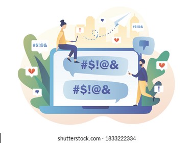 Haters online.Tiny people put dislikes and write negative comments on laptop.  Cyberbullying, bullying internet, trolling and hate speech. Modern flat cartoon style. Vector illustration 