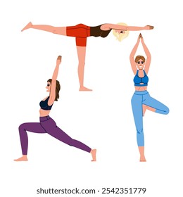 hatha yoga exercises vector. pranayama meditation, balance strength, flow mindfulness hatha yoga exercises character. people flat cartoon illustration