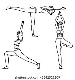 hatha yoga exercises vector. pranayama meditation, balance strength, flow mindfulness hatha yoga exercises character. people black line pencil drawing illustration