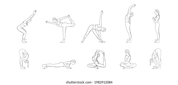 Hatha yoga poses set. Yogi woman in different asanas. Sketch vector illustration isolated in white background