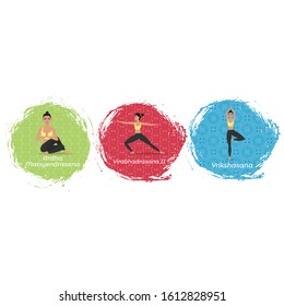 Hatha yoga training set vector illustration in flat style. Young attractive girl in sportswear practicing yoga. Harmonize yourself at yoga, zen meditation exercise. Vrschikasana and virabhadrasana