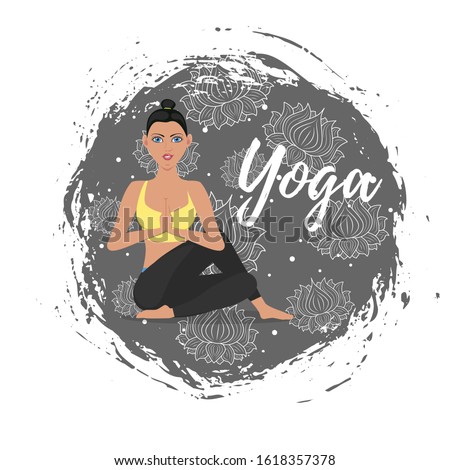 Hatha yoga training vector illustration in flat style. Young attractive girl in sportswear practicing yoga. Ardha matsyendrasana pose. Harmonize yourself at yoga and zen meditation exercise.