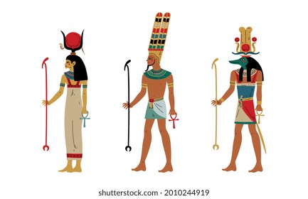 Hathor, Amun y Anubis como antaño grupo vector de divinidad y diosa egipcio