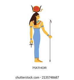 Hathor, Ancient Egyptian Goddess. Female Solar Deity. Old Egypts Mother. Major Divine Woman With Sun Symbol. History Religion Character. Flat Vector Illustration Isolated On White Background