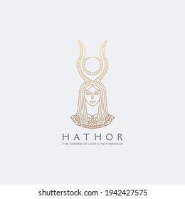 Hathor Egyptian goddess with line style logo icon design template. Elegant, Luxurious gold woman in flat modern mono-line style, vector illustration