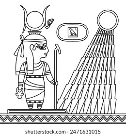 Hathor es una deidad celestial en la antigua religión egipcia. La diosa lleva un tocado de cuernos de vaca y un disco de sol. Dibujo para colorear para niños. Aprendiendo historia, cultura, mitología con diversión. Vector blanco y negro