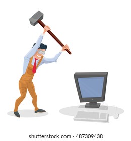 Hating work: Man hitting working computer with a hammer