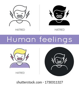 Hatred icon. Man aggressively shout. Person yell from irritation. Negative intense emotion. Crisis and conflict. Emotional outburst. Linear black and RGB color styles. Isolated vector illustrations