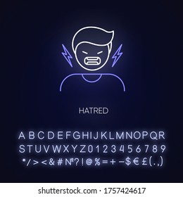 Hatred neon light icon. Man aggressively shout. Person yell from irritation. Negative emotion. Outer glowing effect. Sign with alphabet, numbers and symbols. Vector isolated RGB color illustration