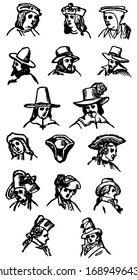 Hats in 16th to 18th centuries, vintage engraving.