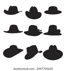 Hats black silhouette, Different types of cap vector illustration on a white background