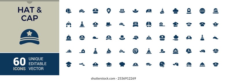 Hats And Cap filled icon collection. Includes icons for wear, turban, clothes, cap, head, doodle and more. Perfect for logos and infographics. Vector illustration in modern solid style.