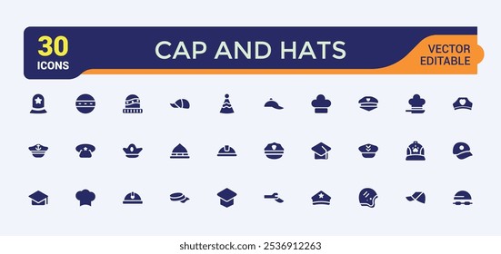 Hats And Cap flat solid icon set. Contains related to wear, clothes, cap, styles, hat and more. Simple icon designs. Vector filled icons Collection.