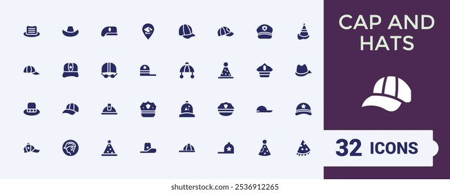 Hats And Cap flat solid icon set. Contains related to wear, clothes, cap, styles, hat and more. Simple icon designs. Vector filled icons Collection.